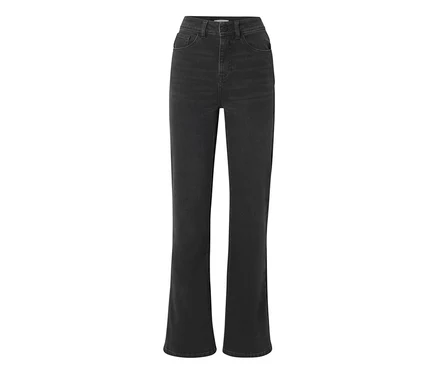 Dunkelgraue High-Waist Jeans mit geradem Bein und sichtbaren Vordertaschen.