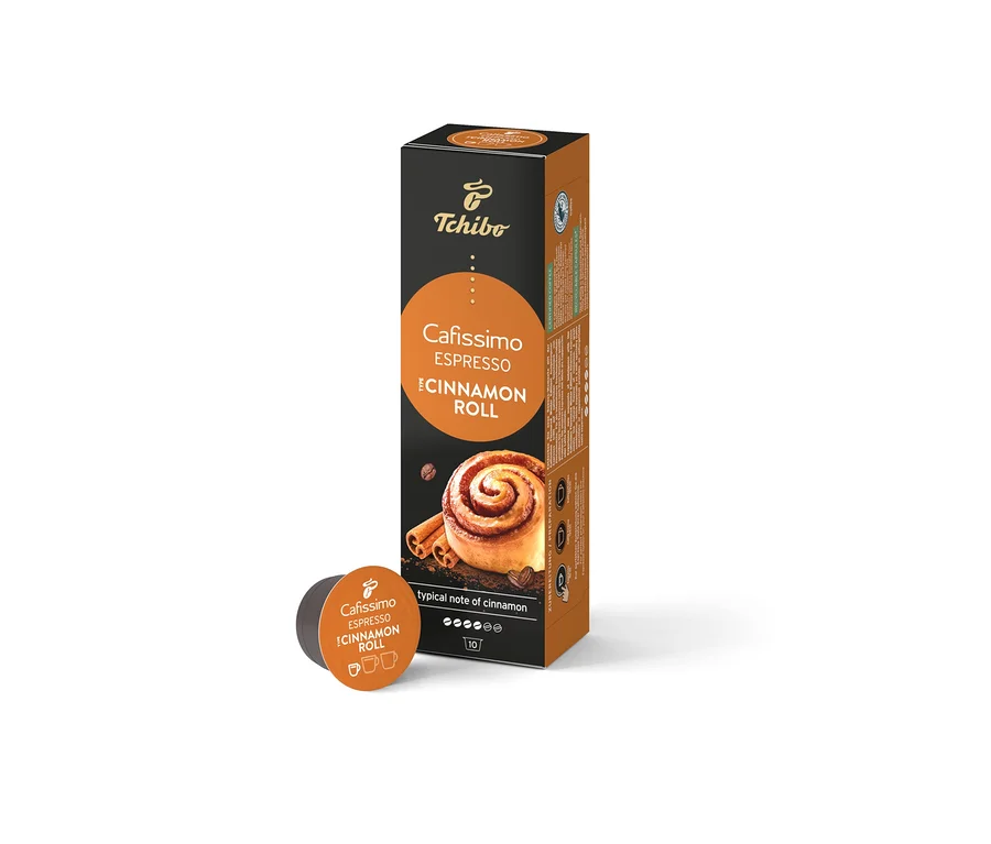 Eine Packung Cafissimo Flavoured Espresso Cinamon Roll - 10 Kapseln, mit einer einzelnen Kapsel daneben.