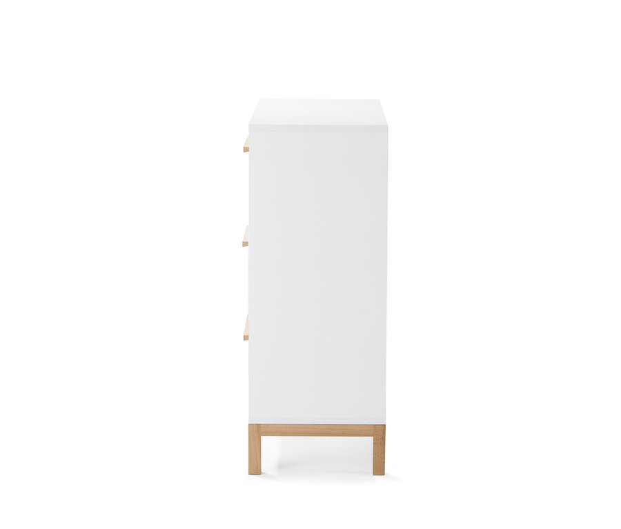 Seitenansicht eines weißen Badezimmer-Sideboards.