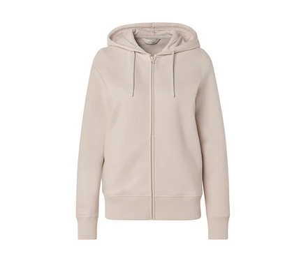 Beige Kapuzenjacke mit Reißverschluss und Kordelzug an der Kapuze.