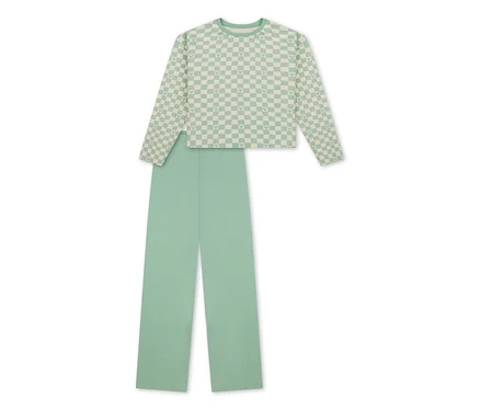 SCHIESSER Kinder-Interlock-Pyjama mit hellgrünem und cremefarbenem kariertem Langarmshirt und passender hellgrüner Hose.