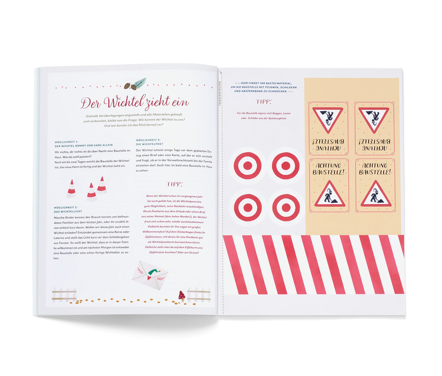 Offenes Buch mit Illustrationen und Text, inklusive Aufklebern mit Verkehrskegeln und Warnschildern. Das Buch trägt den Titel »Hurra, ein Wichtel zieht ein!«