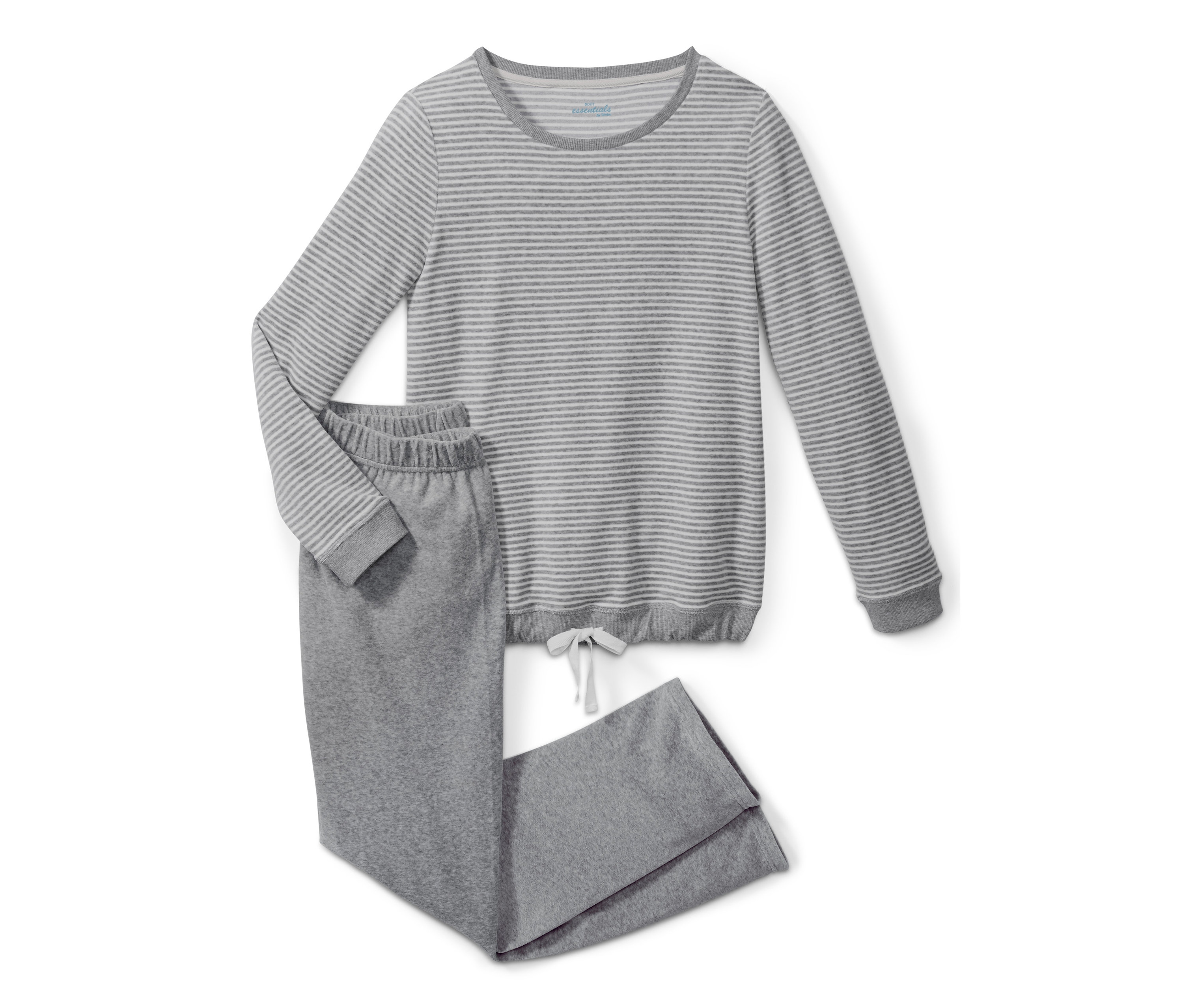 Grauer Nicki-Pyjama, langärmelig und gestreift.