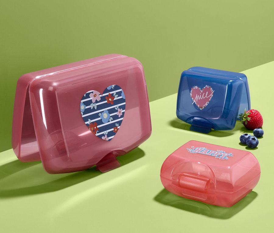 Drei Brotdosen in Pink, Rot und Blau mit Früchten auf grünem Hintergrund.