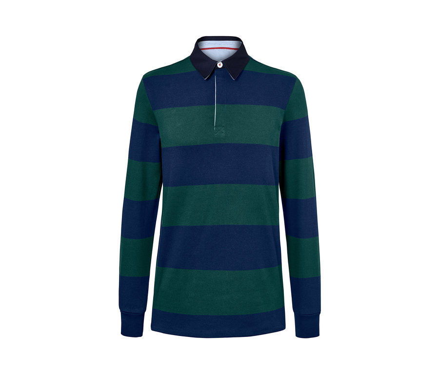 Langarm-Poloshirt mit horizontalen Streifen in Dunkelblau und Grün.
