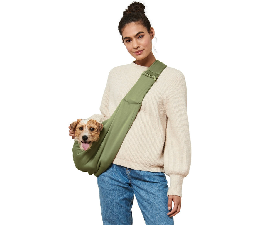 Frau mit braunem Hund in grüner Tier-Tragetasche.