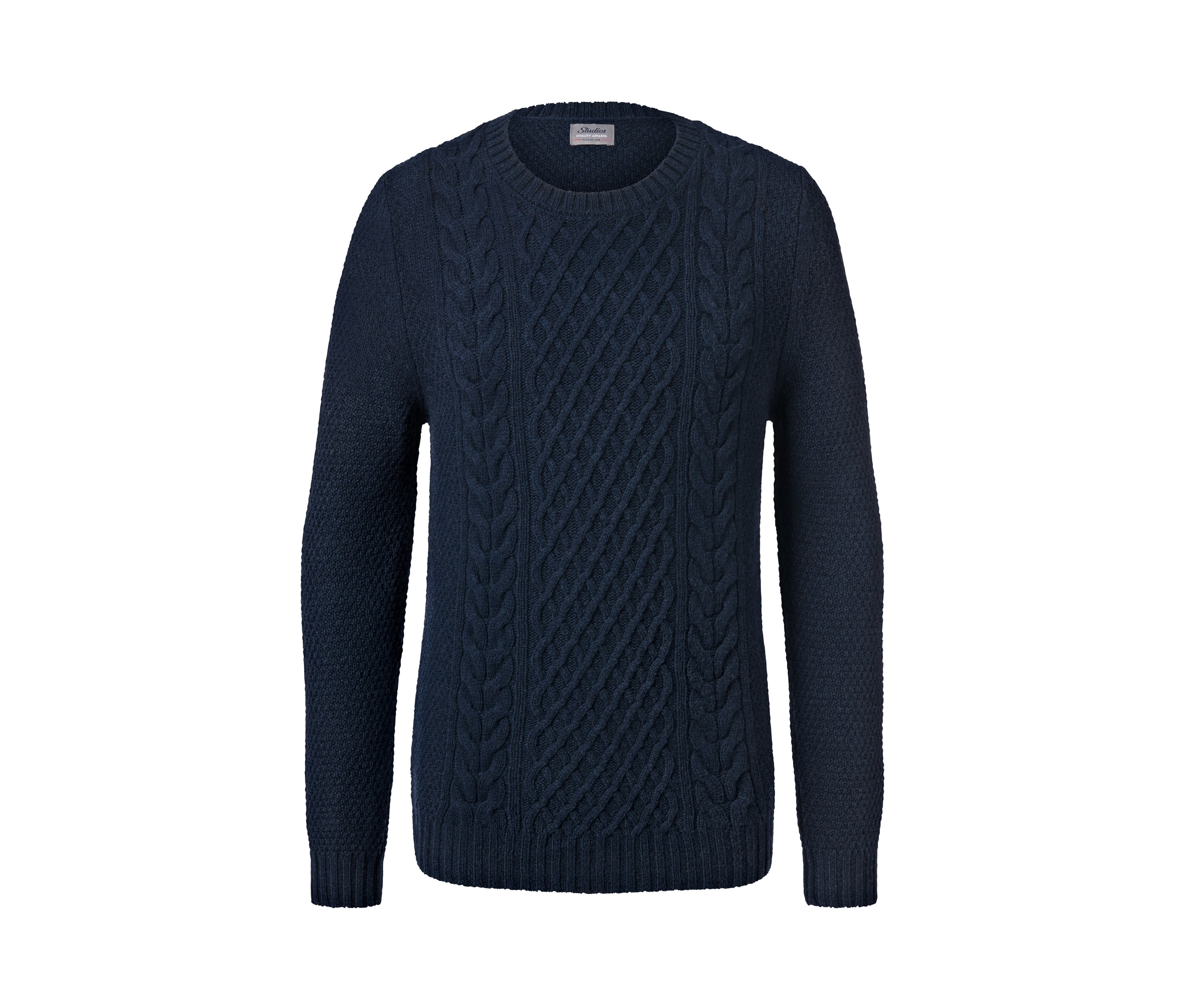 Dunkelblauer Strickpullover.