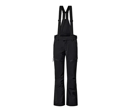 Eine schwarze High-Tech-Skihose mit Trägern und Reißverschlüssen.