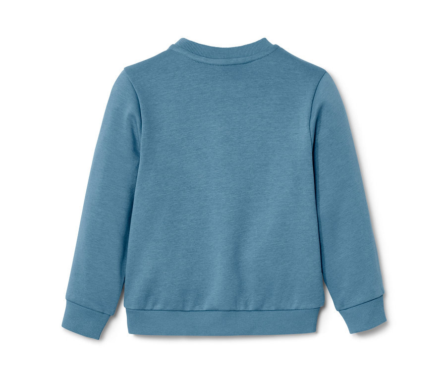 Blauer Kinder-Sweater mit Dino-Applikation.