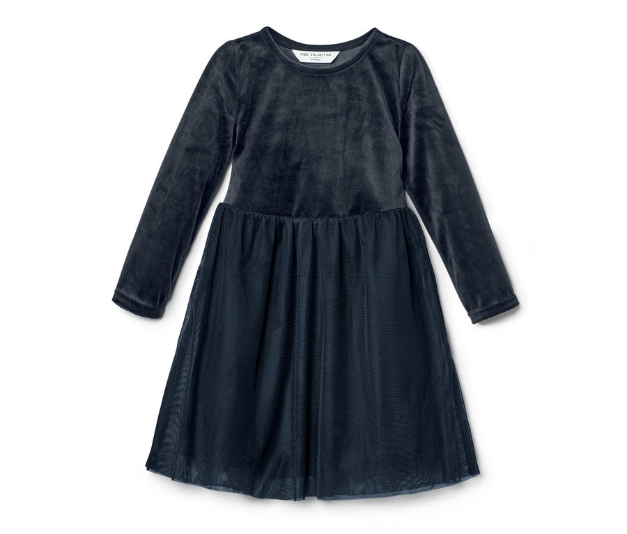 Dunkelblaues Kinder-Tüllkleid mit langen Ärmeln.