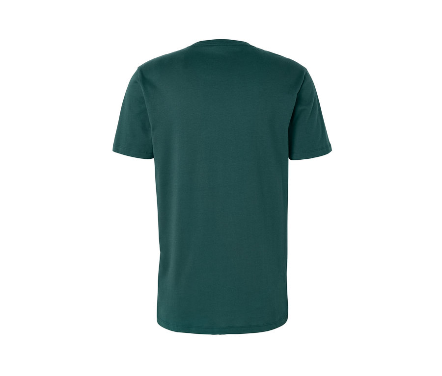 Rückansicht eines grünen T-Shirts mit Rundhalsausschnitt aus einem 2er-Set.