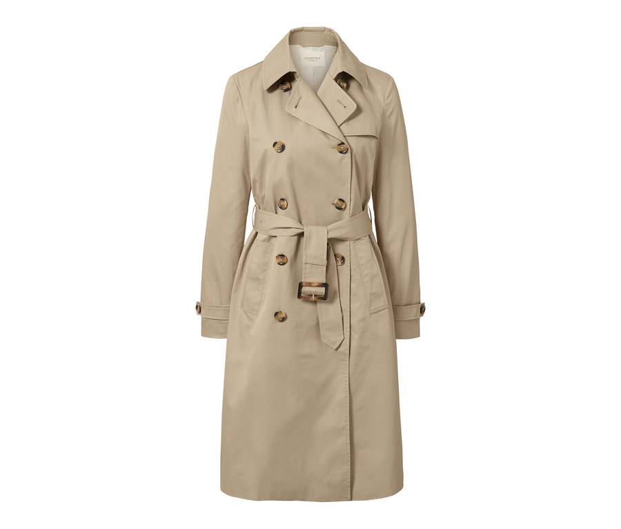 Beiger Trenchcoat mit Gürtel und Knöpfen.