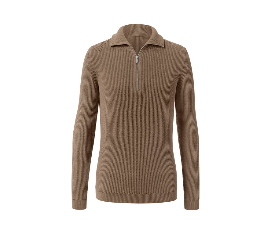 Ein brauner Troyer-Pullover mit langen Ärmeln und Reißverschluss.