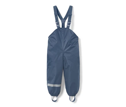 Dunkelblaue Kinder-Thermo-Regenhose mit Latz und Reflexstreifen am Hosenbein.