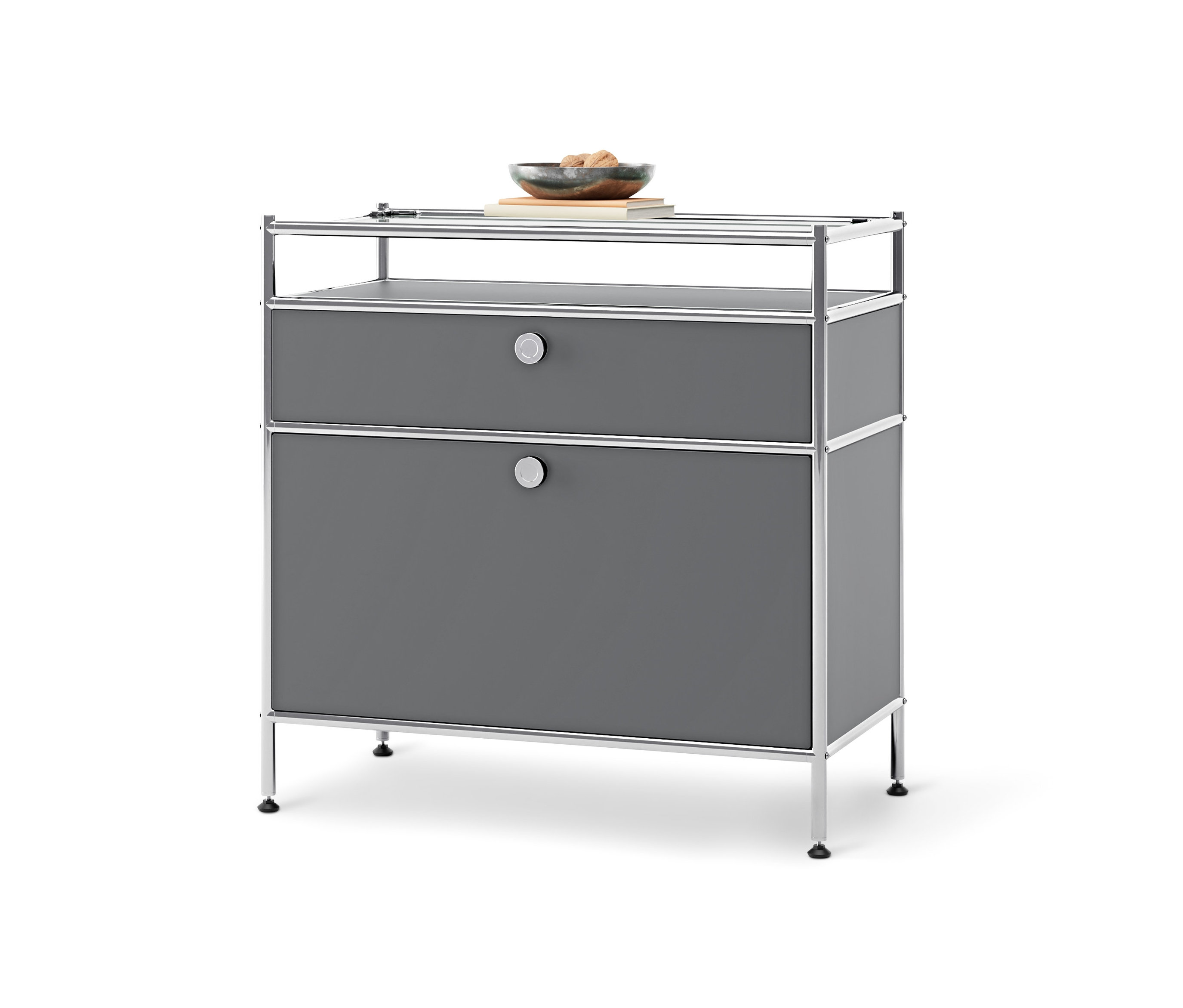Graue Konsole Metall »CN3« mit Klappenfach und Schublade.