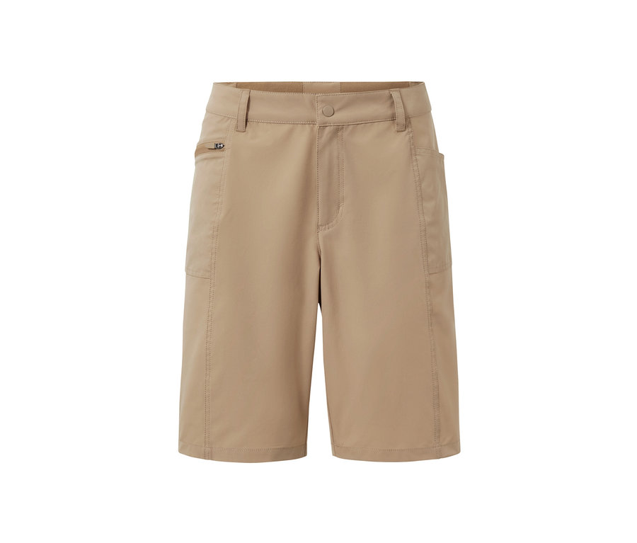 Beige Softshell-Funktionsshorts.
