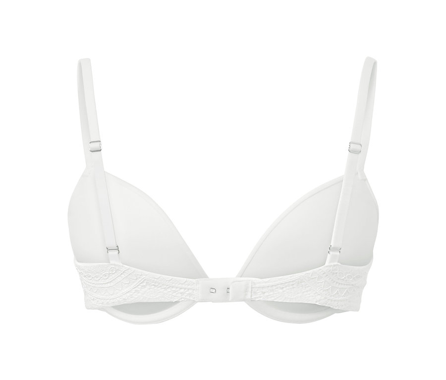 Detailansicht eines weißen Push-up-BHs mit Spitze am unteren Rand.
