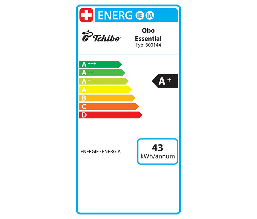 Energielabel für Qbo Essential mit Energieeffizienzklasse A+ und einem jährlichen Verbrauch von 43 kWh.