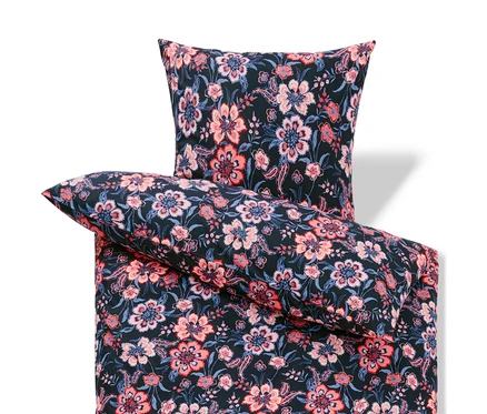 Dunkelblaue Renforcé-Bettwäsche, Normalgröße, mit Blumenmuster, Kissen und Bettdecke.