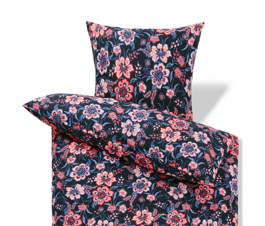 Dunkelblaue Renforcé-Bettwäsche, Normalgröße, mit Blumenmuster, Kissen und Bettdecke.