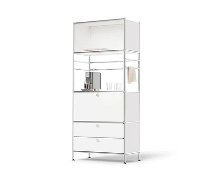 Hohes Regal Metall »CN3« mit Klappenfach, zwei Schubladen und Kaffeemaschine.