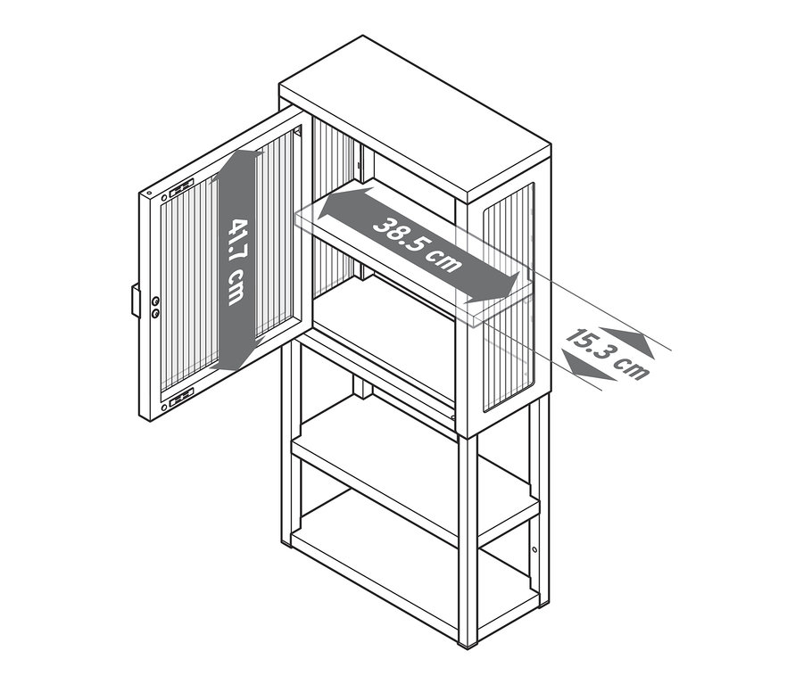 Wandschrank mit Glastür mit offener Tür und Abmessungen.