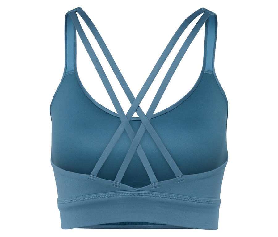 Detailaufnahme eines blauen Sport-BHs mit gekreuzten Trägern am Rücken.