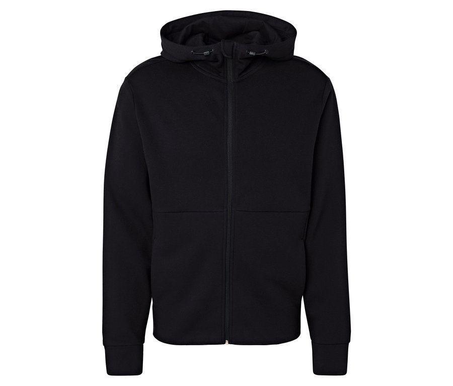 Schwarzer Kapuzenpullover mit Reißverschluss.