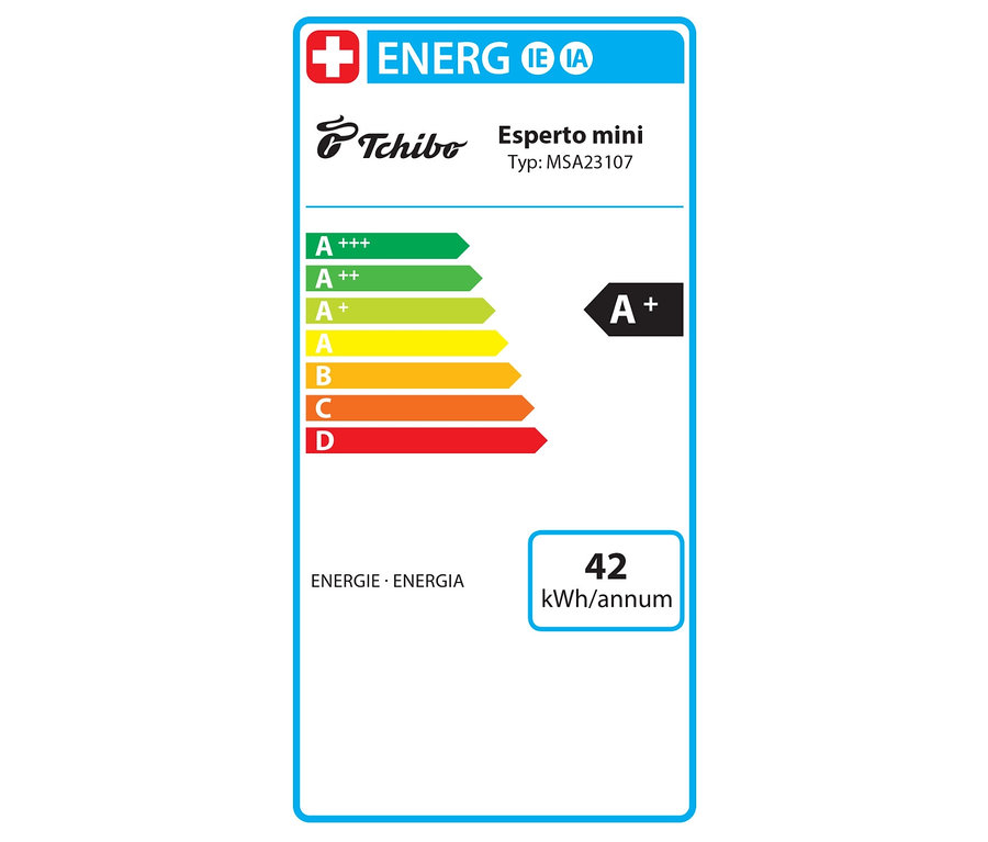 Energielabel Tchibo »Esperto mini« schwarz und grau, Klasse A+ und 42 kWh/annum.