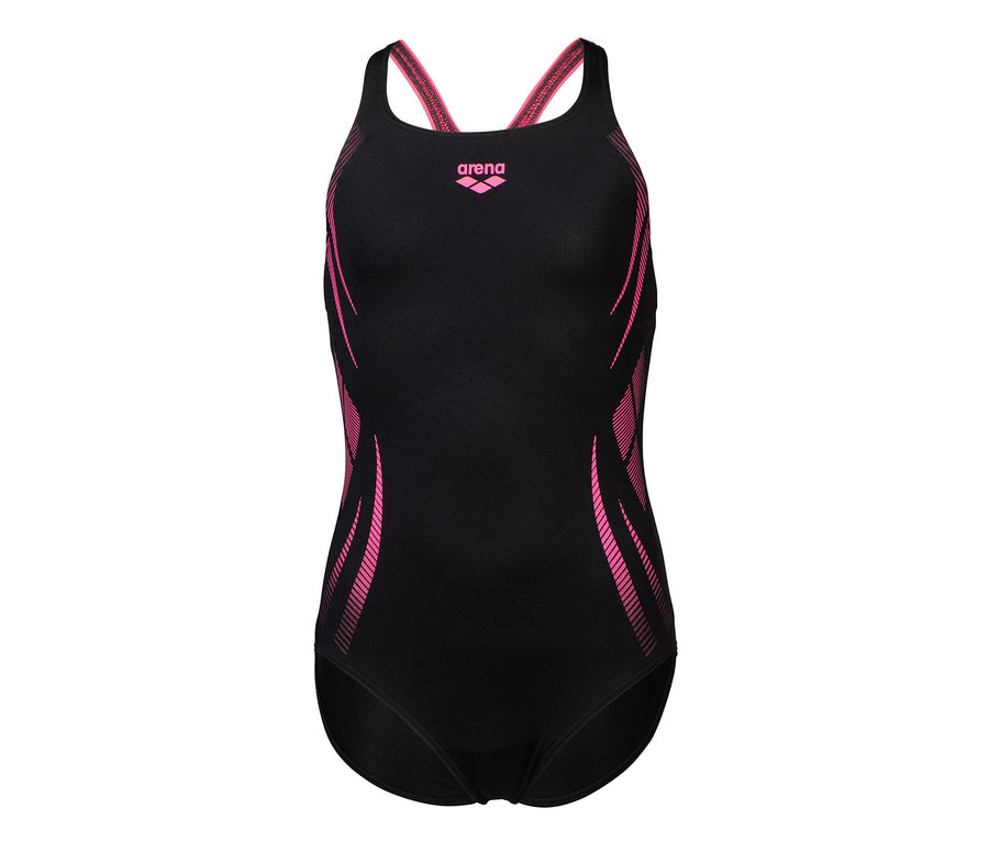Schwarzer arena Performance Kinder-Badeanzug Poseidonia Swim Pro Back mit pinken Details.