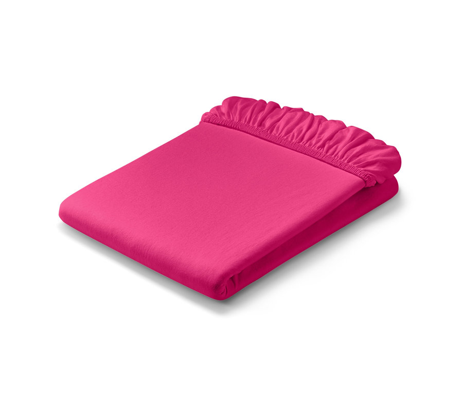 Gefaltetes, pinkes Jersey-Spannbettlaken in Normalgröße und Jersey-Spannbettlaken in Doppelgröße.