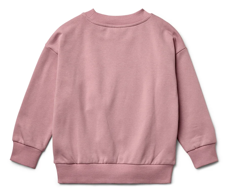 Rosa Sweatshirt mit langen Ärmeln liegt auf einem weißen Hintergrund.