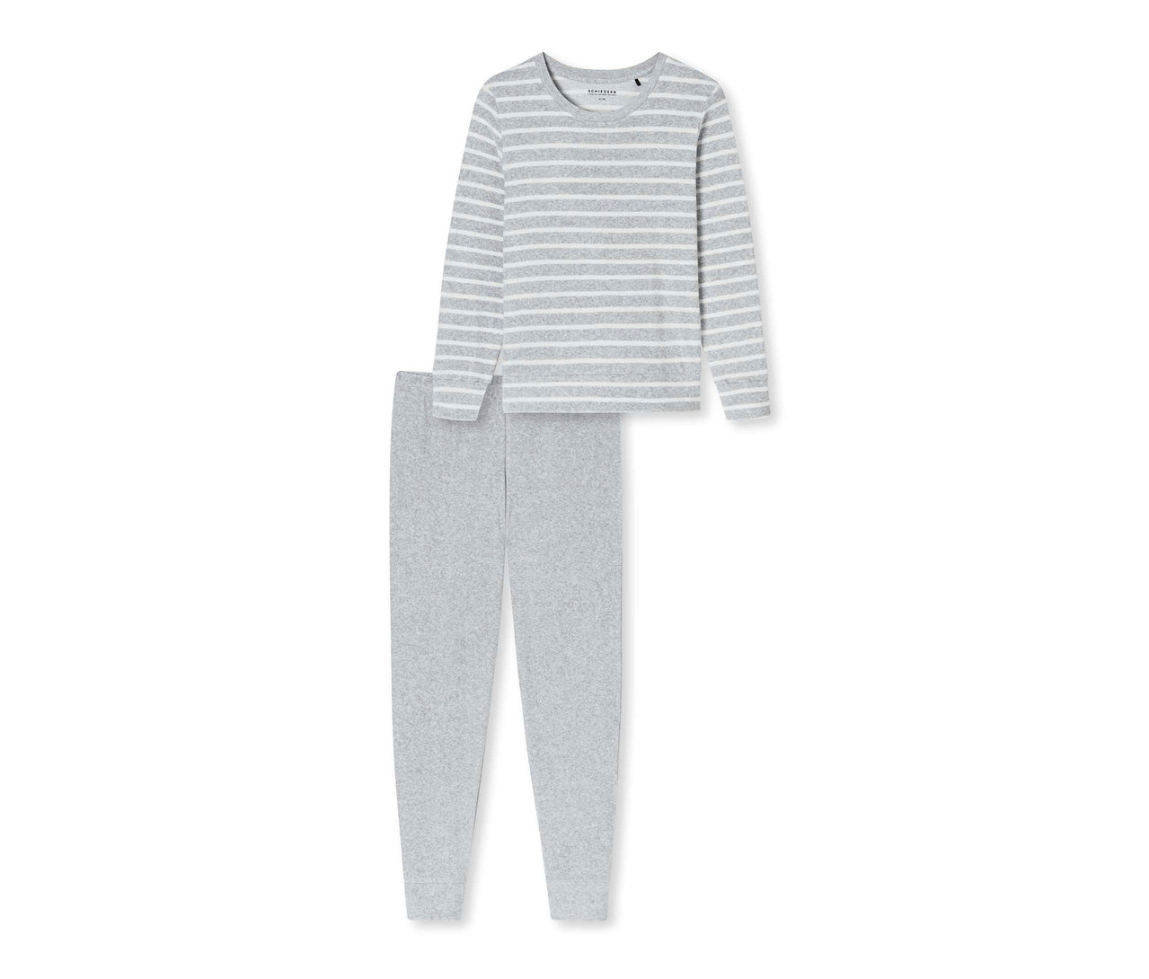 Grau gestreiftes SCHIESSER Frottee-Pyjama-Set, bestehend aus einem langärmeligen Oberteil und einer Hose.