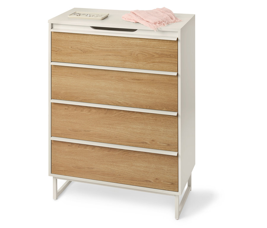 Kommode »LEEG« mit 4 Schubladen und Spiegel steht im Raum.