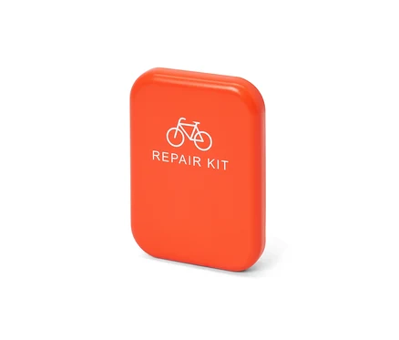 Orangefarbenes Fahrrad-Reparatur-Set mit Fahrrad-Bild.