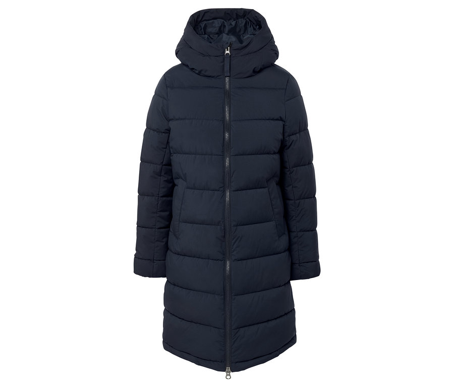 Dunkelblaue, lange Steppjacke mit Kapuze und Reißverschluss.