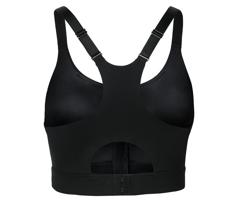 Schwarzer Sport-BH mit verstellbaren Trägern und Rückenverschluss.