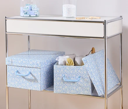 Auf einem Regal stehen zwei blaue Aufbewahrungsboxen mit Deckel und eine Aufbewahrungsbox mit Deckel mit weißen Handtüchern und einer Bürste.