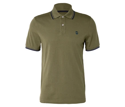Olivfarbenes Poloshirt mit dunkelblauen Akzenten an Kragen und Ärmeln.