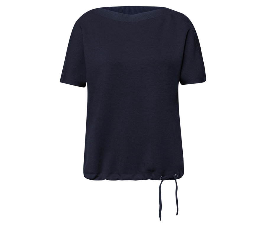 Navyblaues Street One Kurzarmshirt mit weitem Ausschnitt und Kordelzug am Saum.