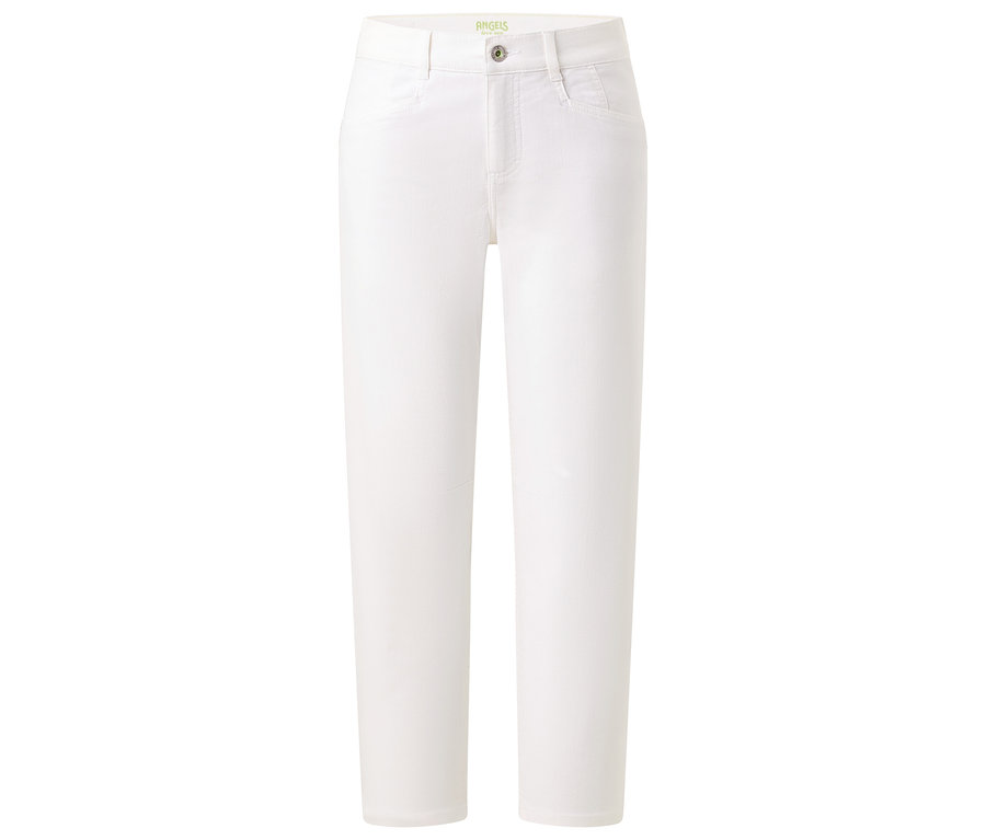 Weiße, knöchellange Jeanshose mit Taschen und Knopfverschluss.