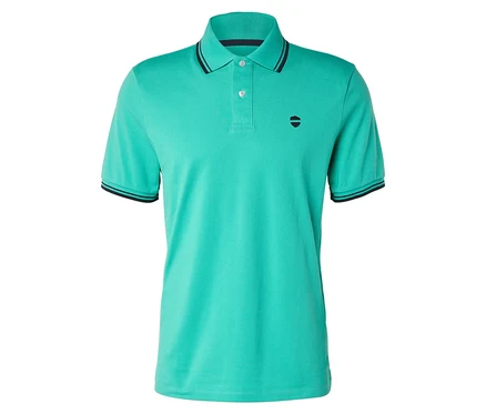 Helles, grünes Poloshirt mit dunkelblauen Akzenten an Kragen und Ärmeln.