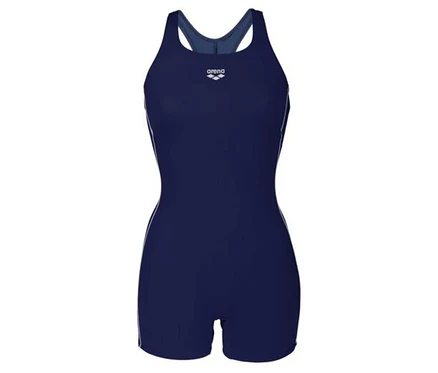Marineblauer Arena Badeanzug mit weißem Logo auf der Brust.