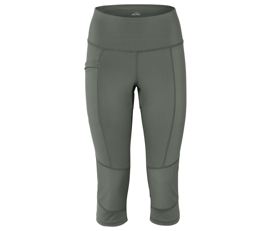 Nahaufnahme einer grauen, dreiviertellangen Leggings mit hoher Taille und seitlicher Tasche.