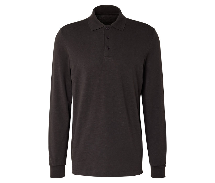Dunkelbraunes, langärmeliges Poloshirt mit drei Knöpfen vor einem weißen Hintergrund.