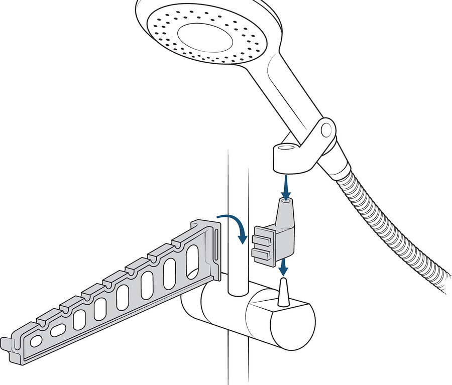 Illustration eines Duschkopfs, der an einem 2-in-1: Wäschetrockner und -auslüfter befestigt ist.
