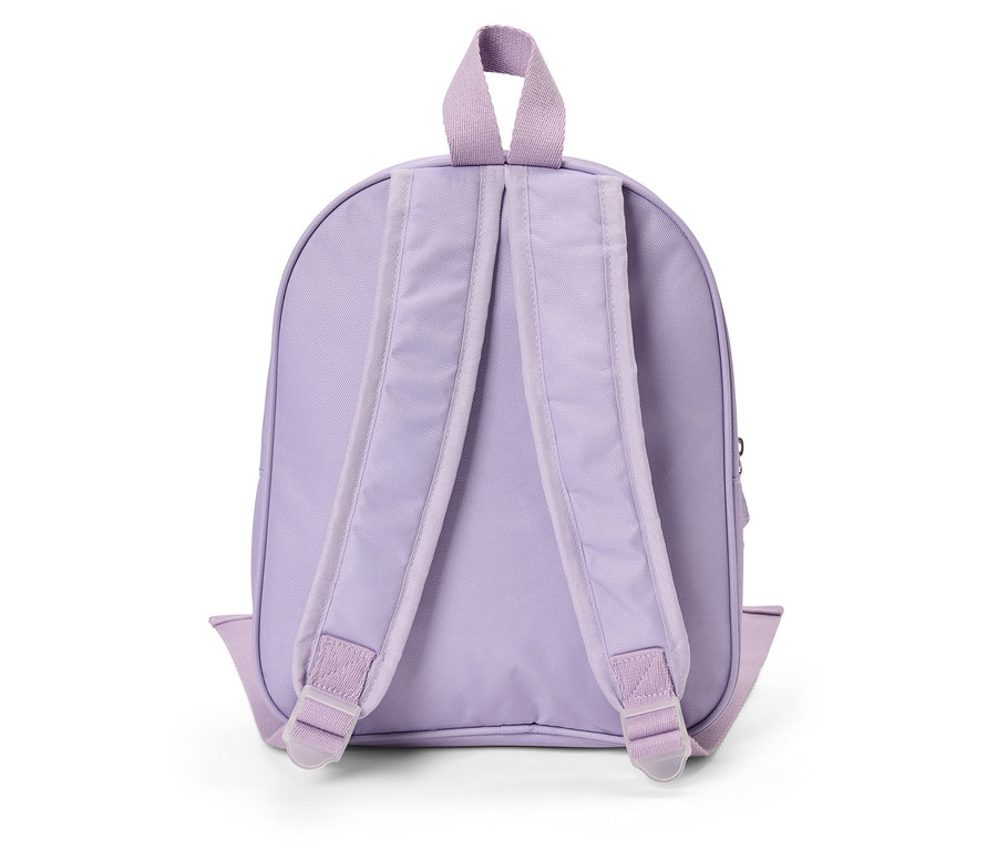 Rückansicht eines hellvioletten Rucksacks mit zwei verstellbaren Schultergurten und einem Tragegriff.