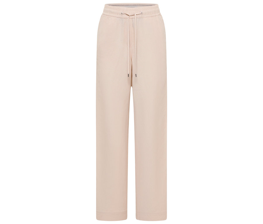 Beige, weite Hose mit Kordelzug auf weißem Hintergrund.