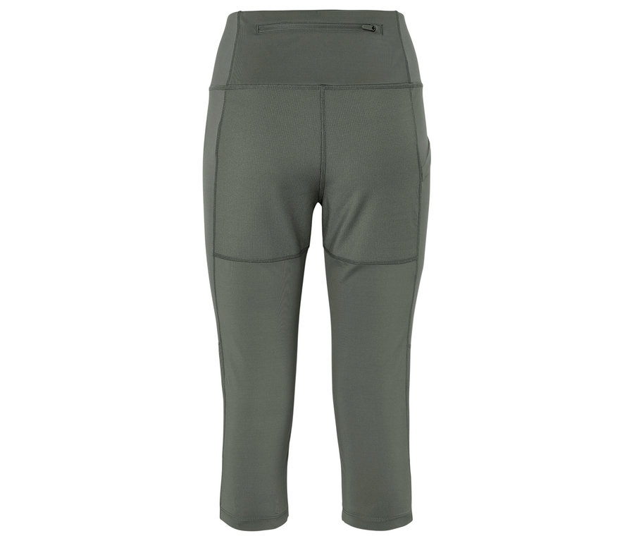 Nahaufnahme einer olivgrünen, knielangen Leggings mit hoher Taille und einer kleinen Reißverschlusstasche oben.