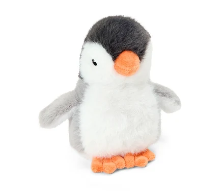 Ein magnetischer Plüsch-Pinguin in Dunkelgrau, Weiß und Hellgrau mit orangefarbenem Schnabel und Füßen.